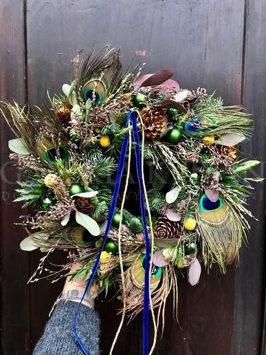 Peacock feathers hanging wreath